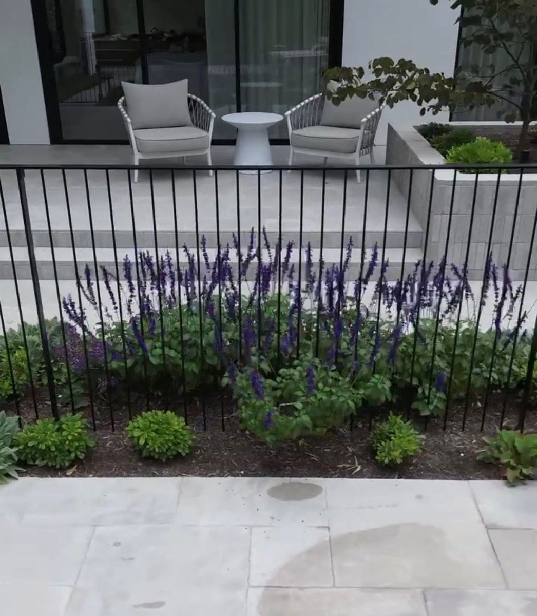 Black rod pool fence with a lavender garden and outdoor chairs behind it